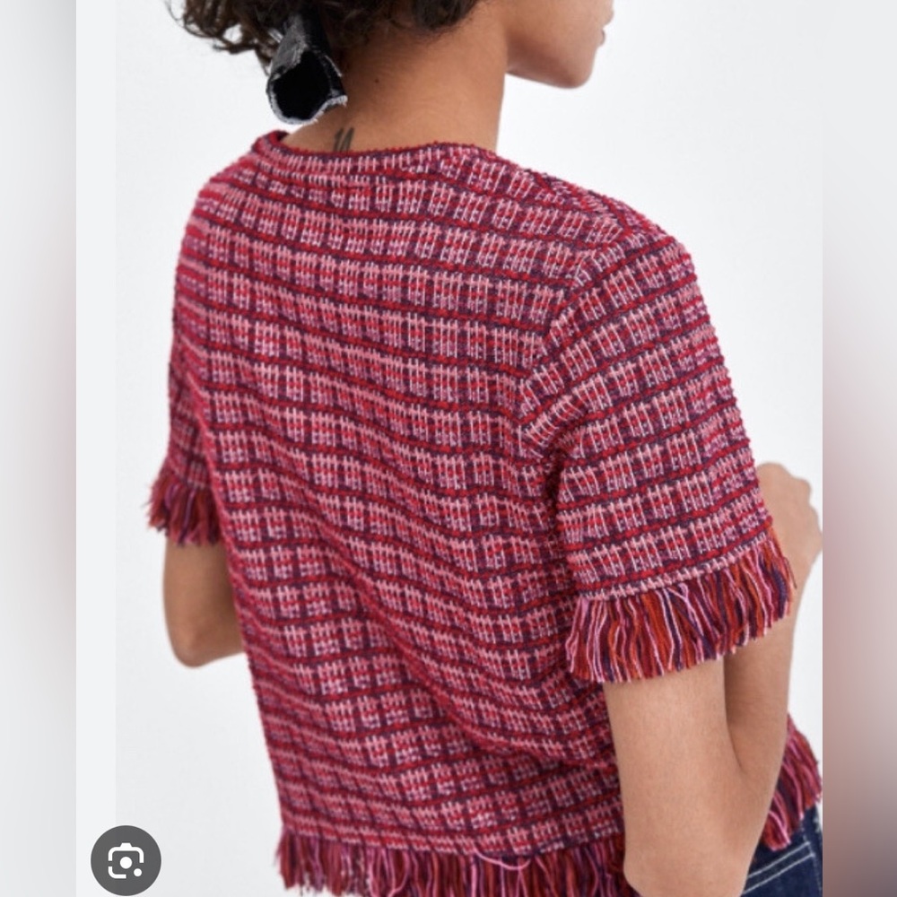 Zara Red and Blue Fringed Tweed Short Sleeve Top Size Small Women’s - Picture 2 of 11